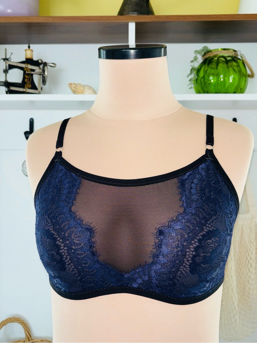 Blue Floral Lace Black Sheer Mesh Set Top Bralette Straps Bikini Summer Handmade